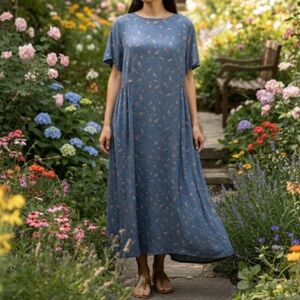 Vtg Rayon Eddie Bauer Small Petite Dusky Blue Floral Maxi Dress EUC